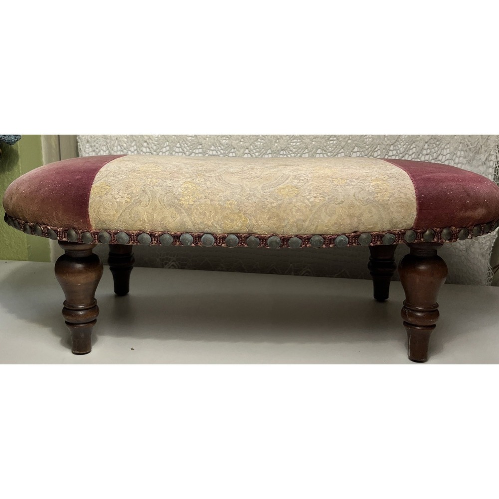 Vtg Mid-Century Victorian Burgundy Velvet Footstool Wood Legs Brass Trim Nail